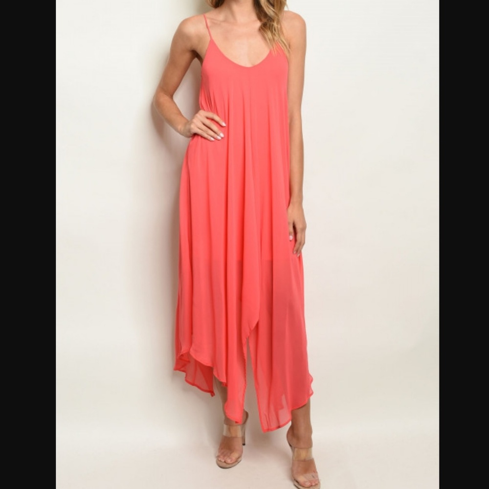 ECHO Maxi Dress Deep Scoop Neck Sleeveless Asymmetrical Hem Coral Sm Md Lg NWT
